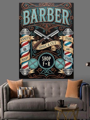 Artmeg Berber Dükkanı Vintage Tabela Dekoratif Kanvas - Mdf Ahşap Tablo