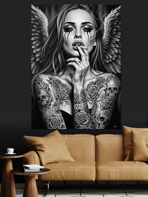 Tablomega Dövme Yüzlü Siyah Beyaz Kadın Dekoratif Kanvas - Mdf Ahşap Tablo