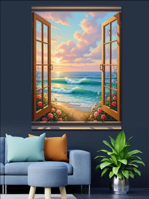 Tablomega Deniz Manzaralı Açık Pencere Dekoratif Kanvas - Mdf Ahşap Tablo