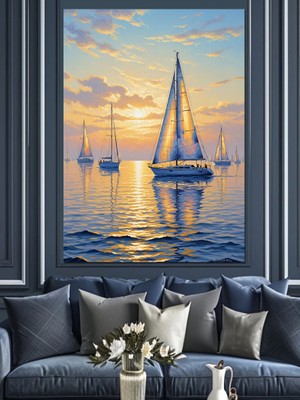 Karizma Tablo Gün Batımı Yelkenli Tekneler Dekoratif Kanvas - Mdf Ahşap Tablo