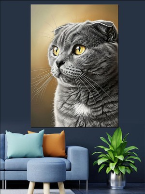 Artmeg Gri Kedi Gerçekçi Portre Dekoratif Kanvas - Mdf Ahşap Tablo