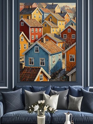 Karizma Tablo Renkli Sokak Evleri Manzarası Dekoratif Kanvas - Mdf Ahşap Tablo