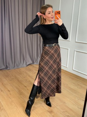 Size Özgü Kahve Ekoseli Dantel Detay Etek