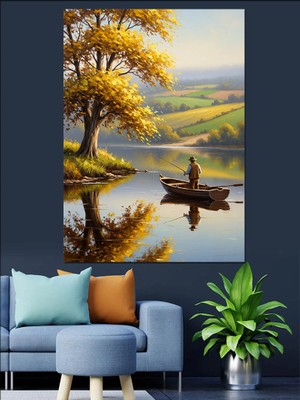 Tablomega Sonbahar Göl Kayık Manzarası Dekoratif Kanvas - Mdf Ahşap Tablo