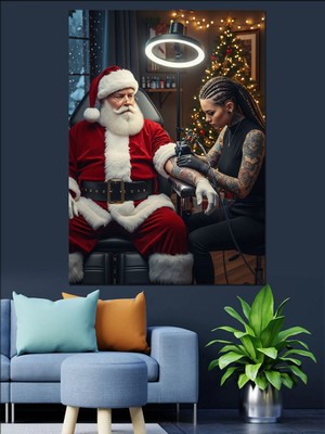 Karizma Tablo Dövme Yaptıran Noel Baba Dekoratif Kanvas - Mdf Ahşap Tablo