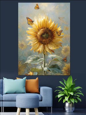 Karizma Tablo Ayçiçeği ve Uçan Kelebekler Dekoratif Kanvas - Mdf Ahşap Tablo