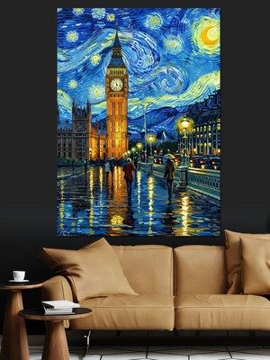 Tablomega Londra Big Ben Yıldızlı Gece Dekoratif Kanvas - Mdf Ahşap Tablo