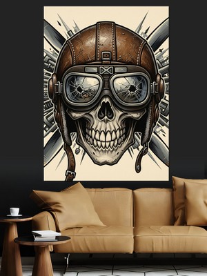 Karizma Tablo Motorcu Kasklı Kafatası Posteri Dekoratif Kanvas - Mdf Ahşap Tablo