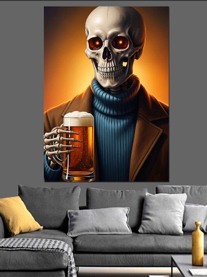 Artmeg Bira Içen Iskelet Adam Dekoratif Kanvas - Mdf Ahşap Tablo
