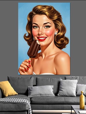 Tablomega Kırmızı Rujlu Pin Up Kızı Dekoratif Kanvas - Mdf Ahşap Tablo