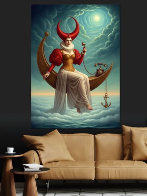 Tablomega Hilal Üstünde Oturan Kadın Dekoratif Kanvas - Mdf Ahşap Tablo