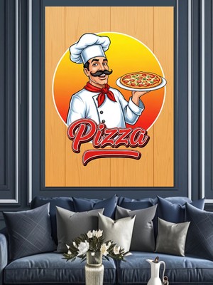 Karizma Tablo Gülen Aşçı Pizza Tutuyor Dekoratif Kanvas - Mdf Ahşap Tablo