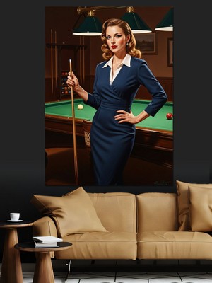 Karizma Tablo Bilardo Oynayan Mavi Kadın Dekoratif Kanvas - Mdf Ahşap Tablo