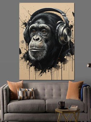 Tablomega Kulaklıklı Şempanze Dijital Sanat Dekoratif Kanvas - Mdf Ahşap Tablo