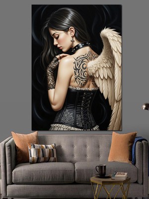Karizma Tablo Siyah Kanatlı Melek Kadın Dekoratif Kanvas - Mdf Ahşap Tablo