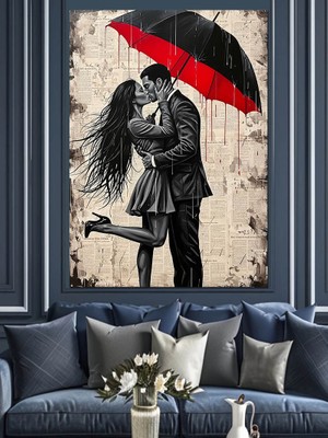 Karizma Tablo Kırmızı Şemsiyeli Aşık Çift Dekoratif Kanvas - Mdf Ahşap Tablo