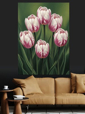 Karizma Tablo Pembe Lale Çiçek Bahçesi Dekoratif Kanvas - Mdf Ahşap Tablo