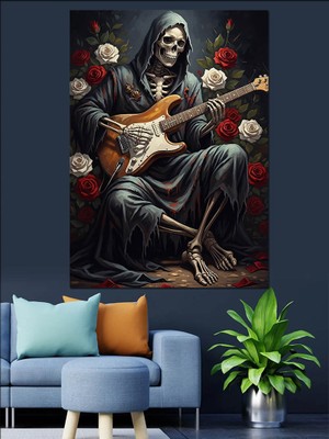 Tablomega Gitar Çalan Iskelet Resmi Dekoratif Kanvas - Mdf Ahşap Tablo
