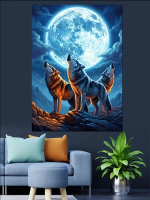 Artmeg Dolunayda Uluyan Kurtlar Resmi Dekoratif Kanvas - Mdf Ahşap Tablo