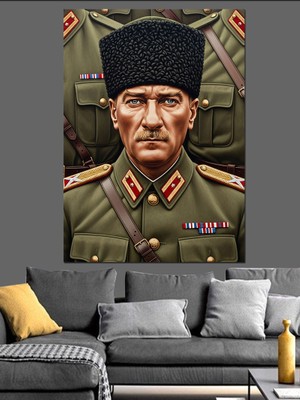 Artmeg Atatürk Askeri Üniforma Portre Dekoratif Kanvas - Mdf Ahşap Tablo