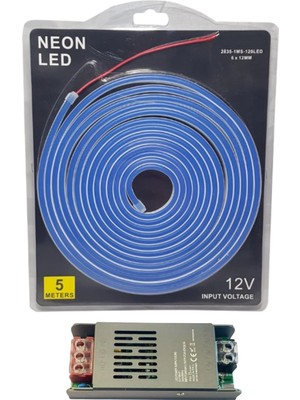 Powerr Led Aydınlatma 5 Metre 12 Volt 6X12 mm Esnek  Mavi Neon LED 5A Slim Trafo Set