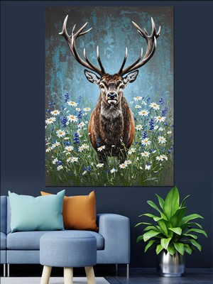 Karizma Tablo Boynuzlu Zarif Geyik Portresi Dekoratif Kanvas - Mdf Ahşap Tablo