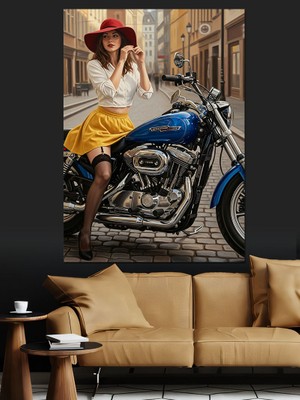 Tablomega Motosiklet Üzerinde Retro Kadın Dekoratif Kanvas - Mdf Ahşap Tablo