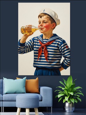 Tablomega Denizci Şapkalı Içecek Içen Çocuk Dekoratif Kanvas - Mdf Ahşap Tablo