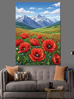 Tablomega Kırmızı Gelincik Tarlası Doğa Dekoratif Kanvas - Mdf Ahşap Tablo