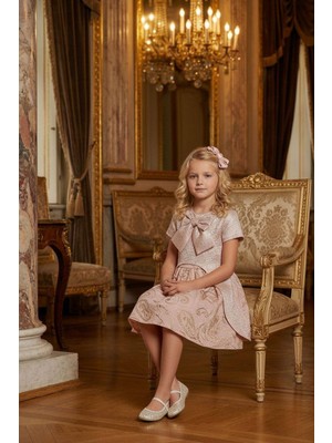 Kabarık Etekli Uzun Ceketli Kız Çocuk Pudra Abiye Takım