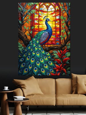 Karizma Tablo Vitray Pencerede Tavus Kuşu Dekoratif Kanvas - Mdf Ahşap Tablo