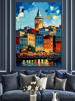 Artmeg Renkli Istanbul Galata Manzarası Dekoratif Kanvas - Mdf Ahşap Tablo