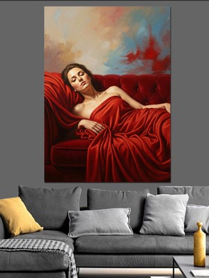 Tablomega Kırmızı Elbiseli Kadın Tablosu Dekoratif Kanvas - Mdf Ahşap Tablo