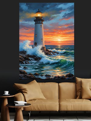 Tablomega Deniz Feneri Dalgalı Deniz Dekoratif Kanvas - Mdf Ahşap Tablo