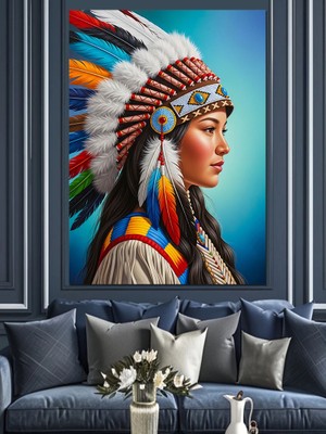 Karizma Tablo Kızılderili Kadın Profil Çizimi Dekoratif Kanvas - Mdf Ahşap Tablo