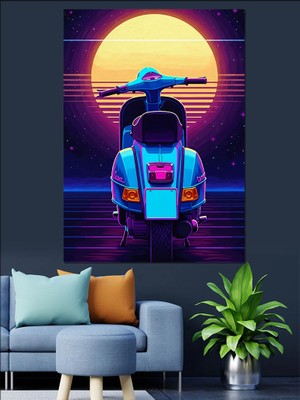 Artmeg Neon Günbatımı Mavi Motosiklet Dekoratif Kanvas - Mdf Ahşap Tablo