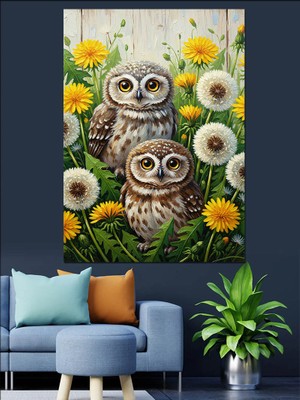 Artmeg Çiçekler Içinde Iki Baykuş Dekoratif Kanvas - Mdf Ahşap Tablo