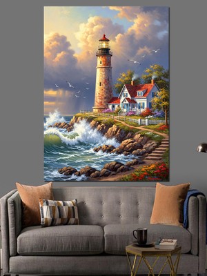 Karizma Tablo Deniz Feneri Fırtına Manzarası Dekoratif Kanvas - Mdf Ahşap Tablo