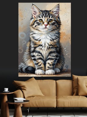 Tablomega Oturan Sevimli Tekir Kedi Dekoratif Kanvas - Mdf Ahşap Tablo