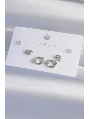 Pirinç Gümüş Renk Zirkon Taşlı Yaprak Model Küpe Seti - Lisinya