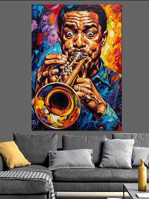 Artmeg Caz Müzisyeni Trompet Çalan Dekoratif Kanvas - Mdf Ahşap Tablo