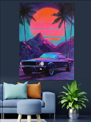 Karizma Tablo Neon Günbatımı Klasik Araba Dekoratif Kanvas - Mdf Ahşap Tablo