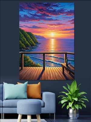 Artmeg Deniz Manzaralı Balkon Günbatımı Dekoratif Kanvas - Mdf Ahşap Tablo