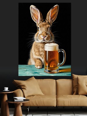 Tablomega Içecek Içen Mutlu Tavşan Dekoratif Kanvas - Mdf Ahşap Tablo