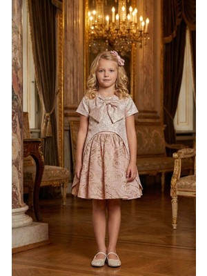 Kabarık Etekli Uzun Ceketli Kız Çocuk Pudra Abiye Takım