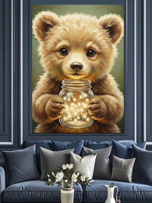 Tablomega Kavanoz Tutan Sevimli Ayı Dekoratif Kanvas - Mdf Ahşap Tablo