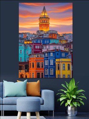 Artmeg Renkli Galata Kulesi Manzarası Dekoratif Kanvas - Mdf Ahşap Tablo