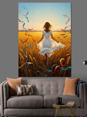Karizma Tablo Buğday Tarlasında Koşan Kız Dekoratif Kanvas - Mdf Ahşap Tablo