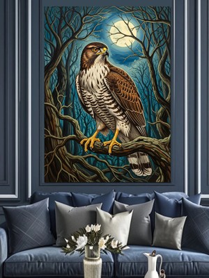 Tablomega Şahin Gece Orman Kuşu Dekoratif Kanvas - Mdf Ahşap Tablo