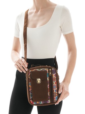 Missbag Iran Işi El Yapımı Etnik Desenli Süet Kahve Bohem Askılı Omuz Çantası